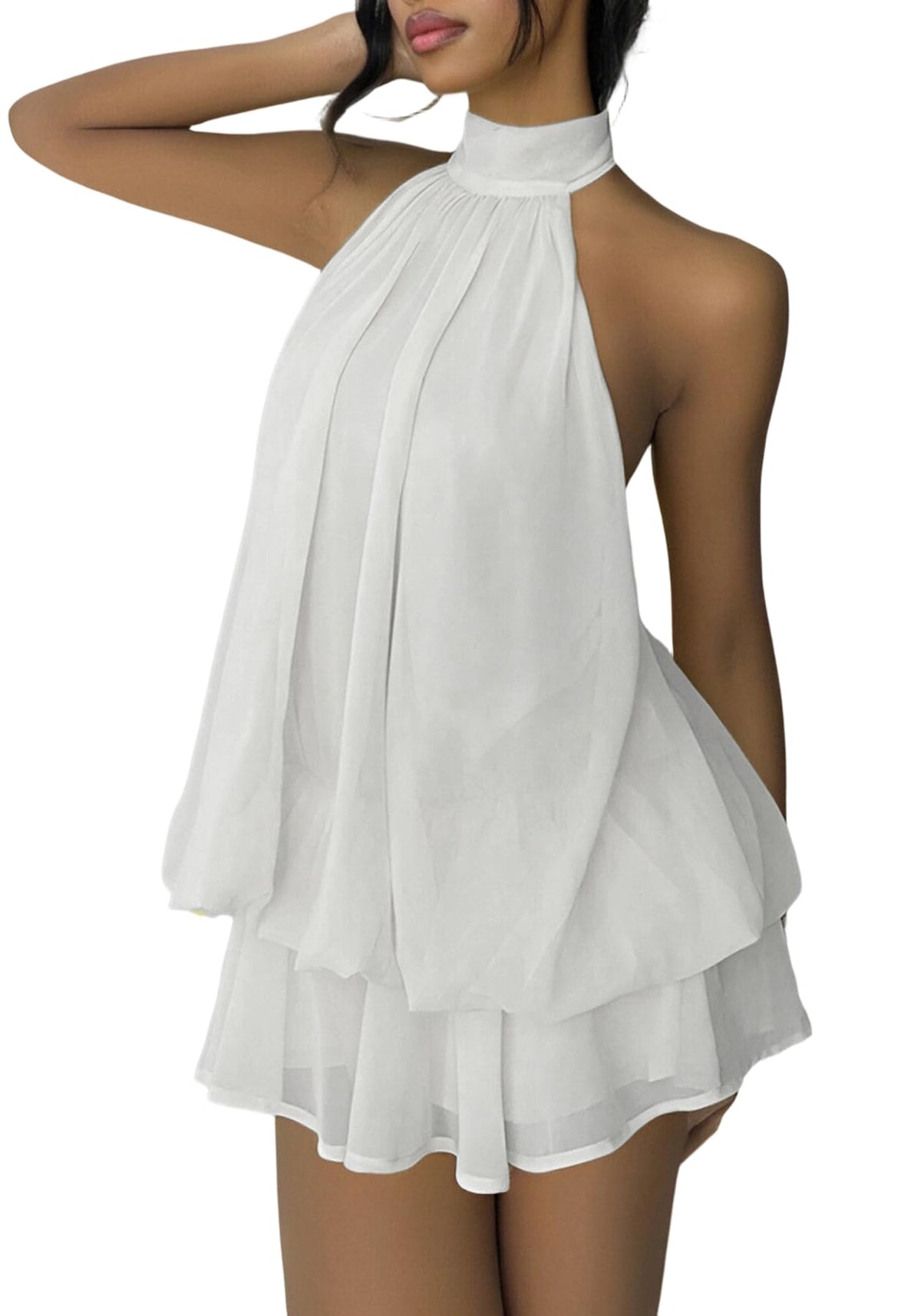SHINFY Women's Chiffon Halter Flowy Ruffle Backless Birthday Mini Dress