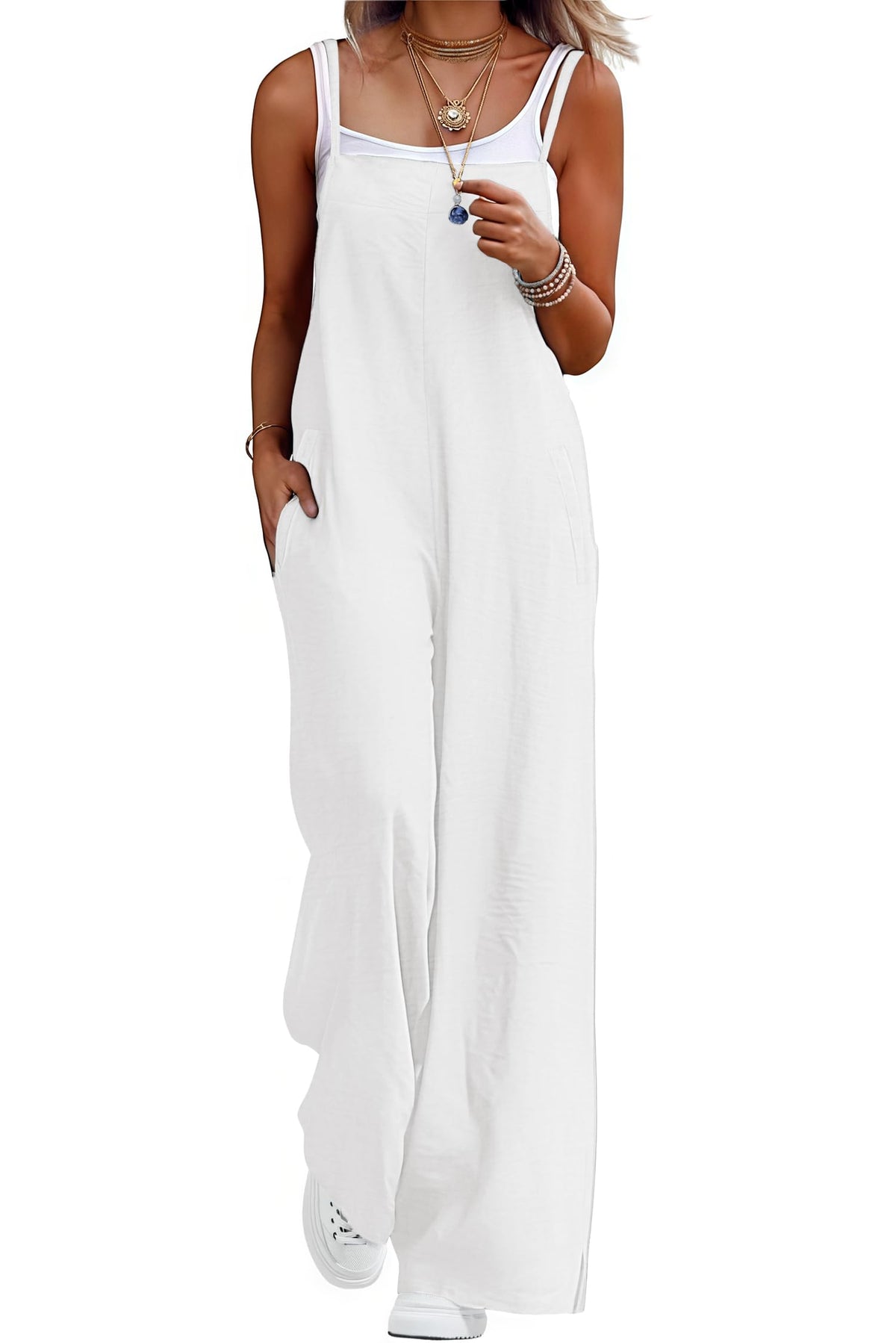 Lepunuo Womens Casual Loose Jumpsuits Summer Boho Wide Leg Rompers Sleeveless Overalls with Pockets
