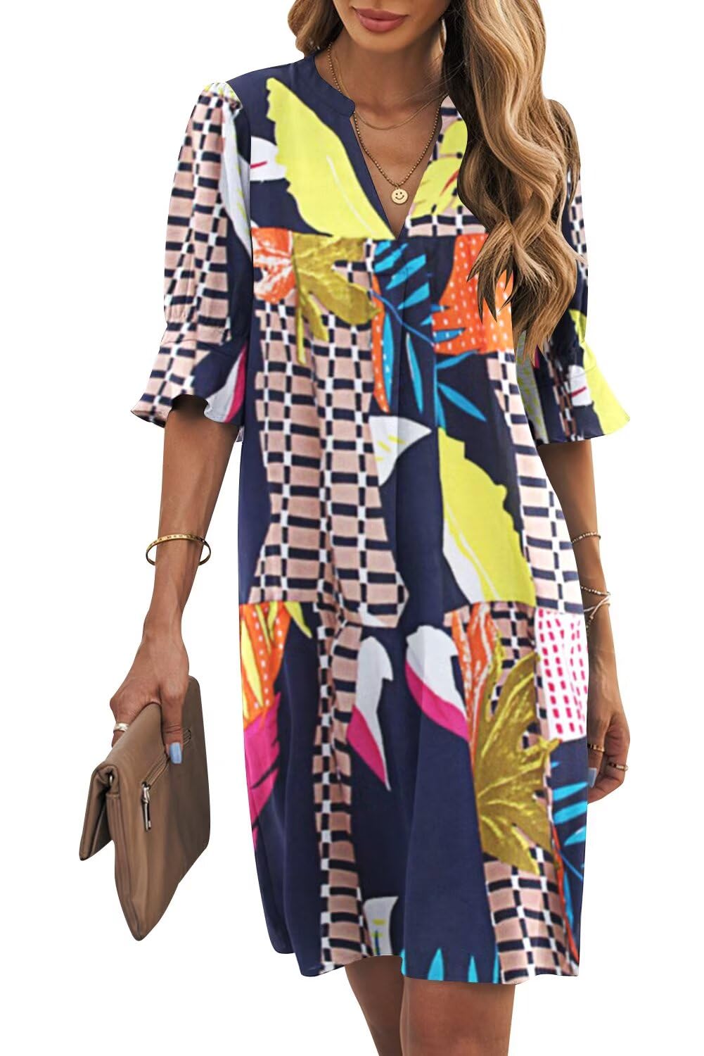 Wkior Womens Summer Ruffle Short Sleeve V Neck Shift Dress