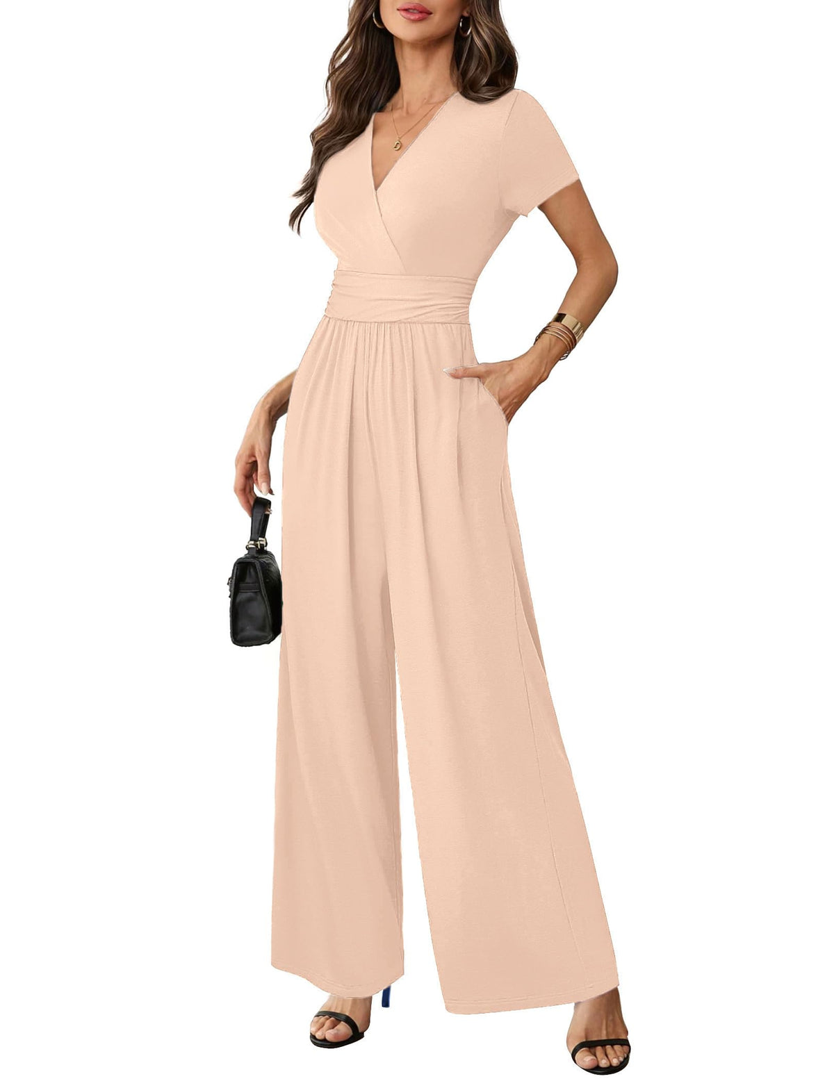 LOOKBOHO Women Jumpsuits Dressy Casual Short Sleeve Wide Leg Pants Rompers