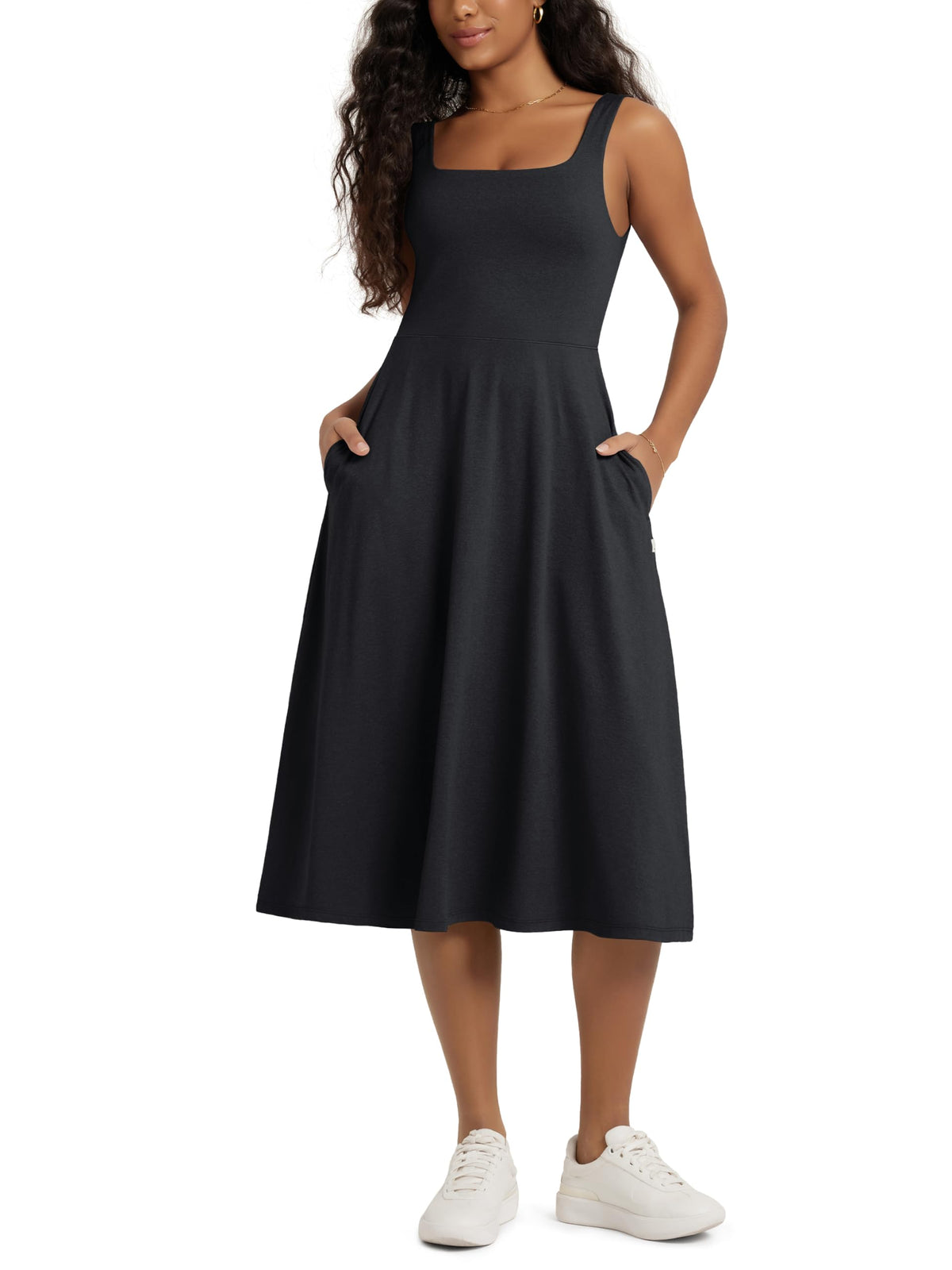 ODODOS Square Neck Midi Dress with Pockets for Women Summer Casual Sleeveless Sundress Flare Tank Dress
