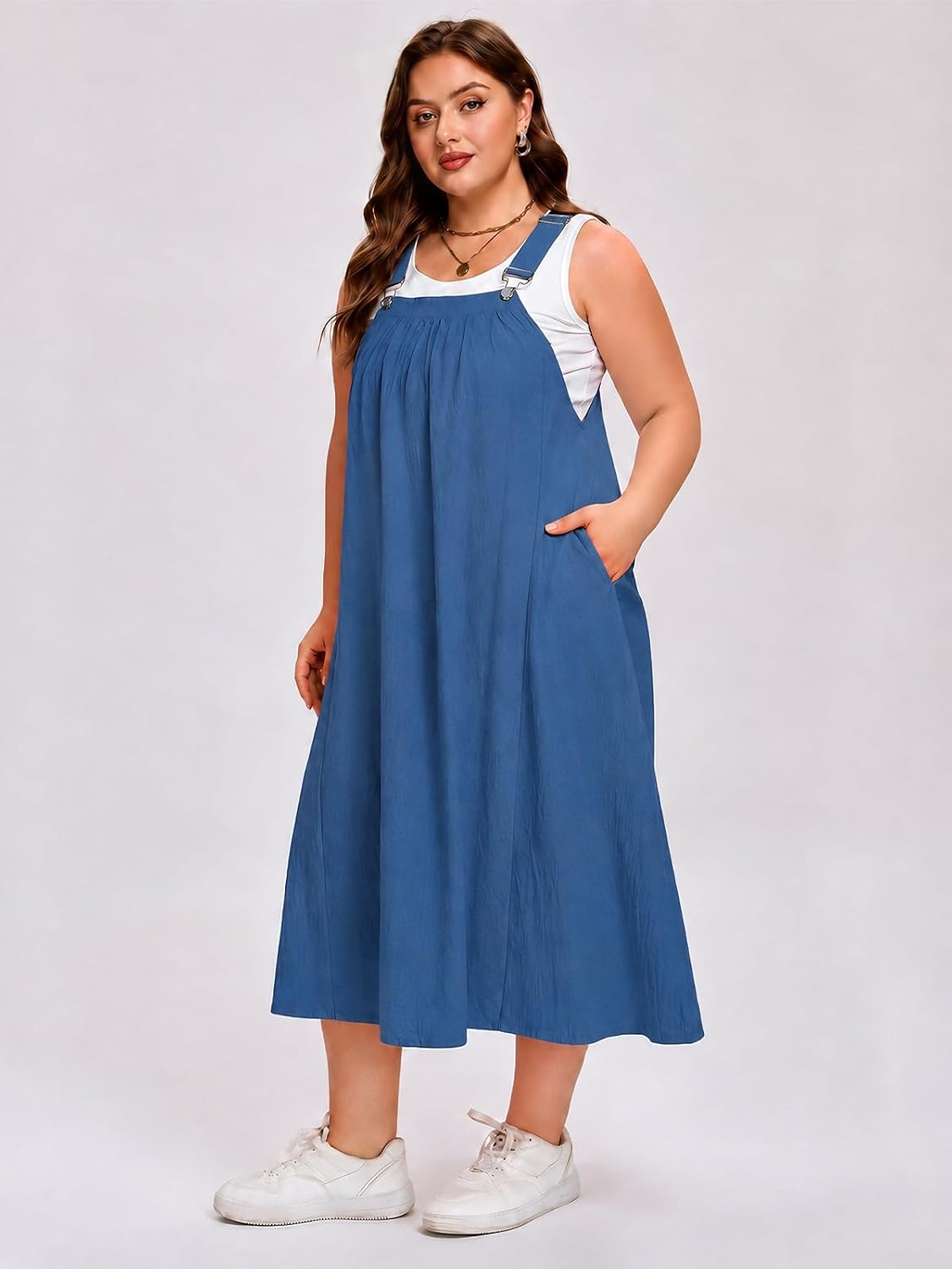 Moon Wood Plus Size Cotton Overall Dress for Women Casual Maxi Dress Adjustable Strap Jumper Dress with Pockets