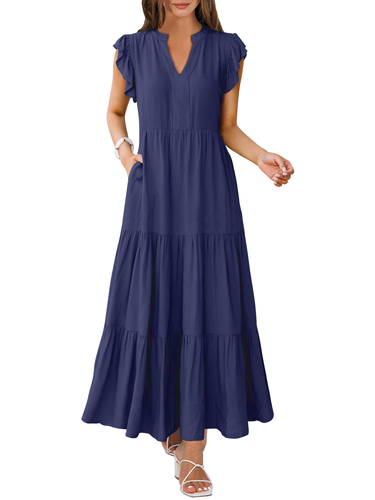 ANRABESS Womens Summer Dress Ruffle Sleeve V Neck Vacation Maxi Dresses