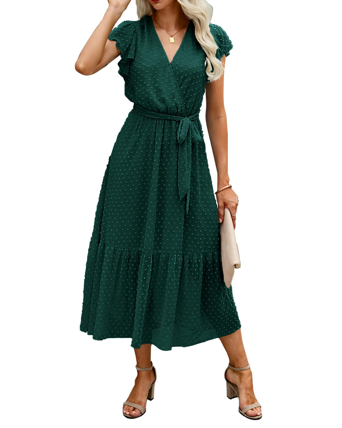 BTFBM Women Summer Casual Wrap V Neck Ruffle Cap Sleeve Belted Midi Dress