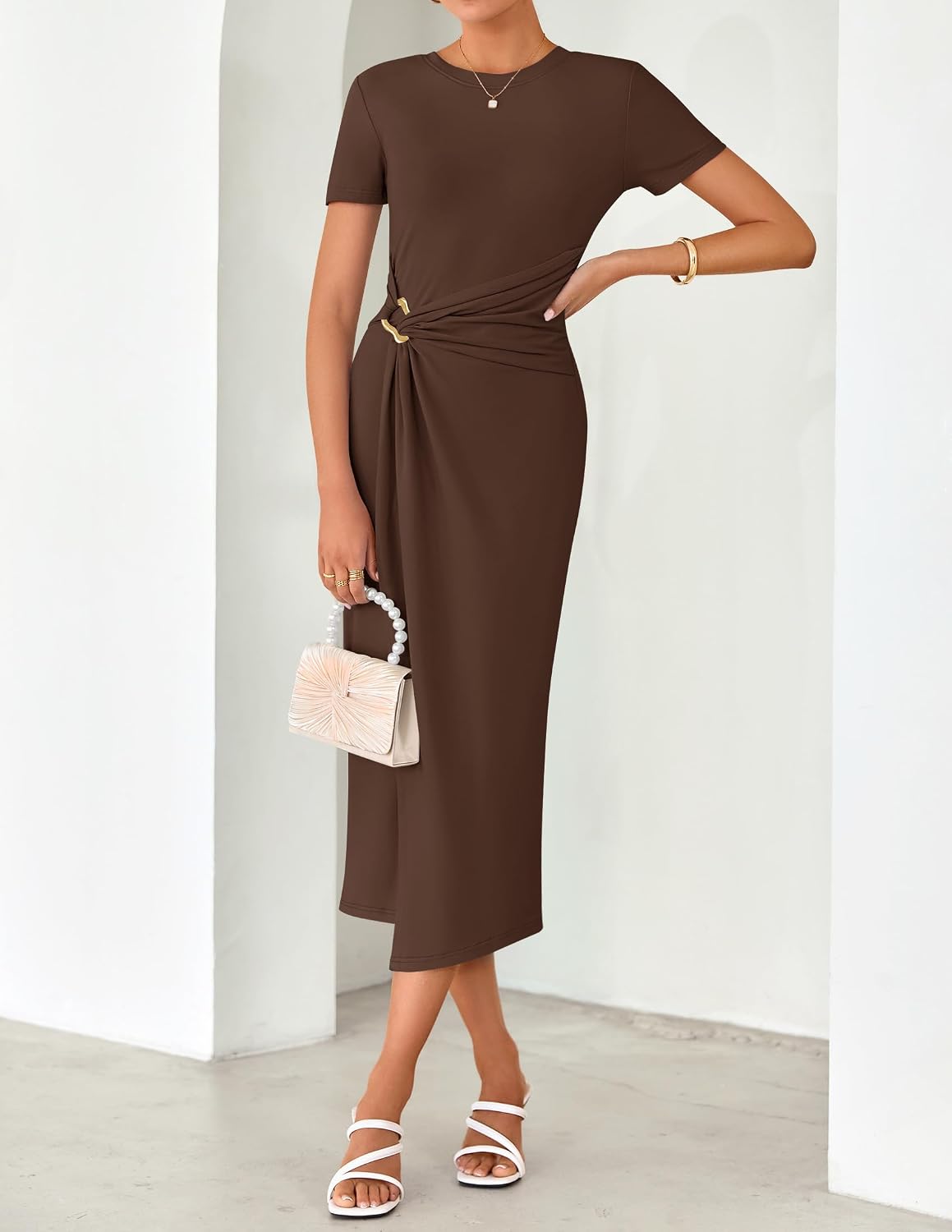 ZESICA Women's Summer Short Sleeve Wrap Cocktail Midi Dress
