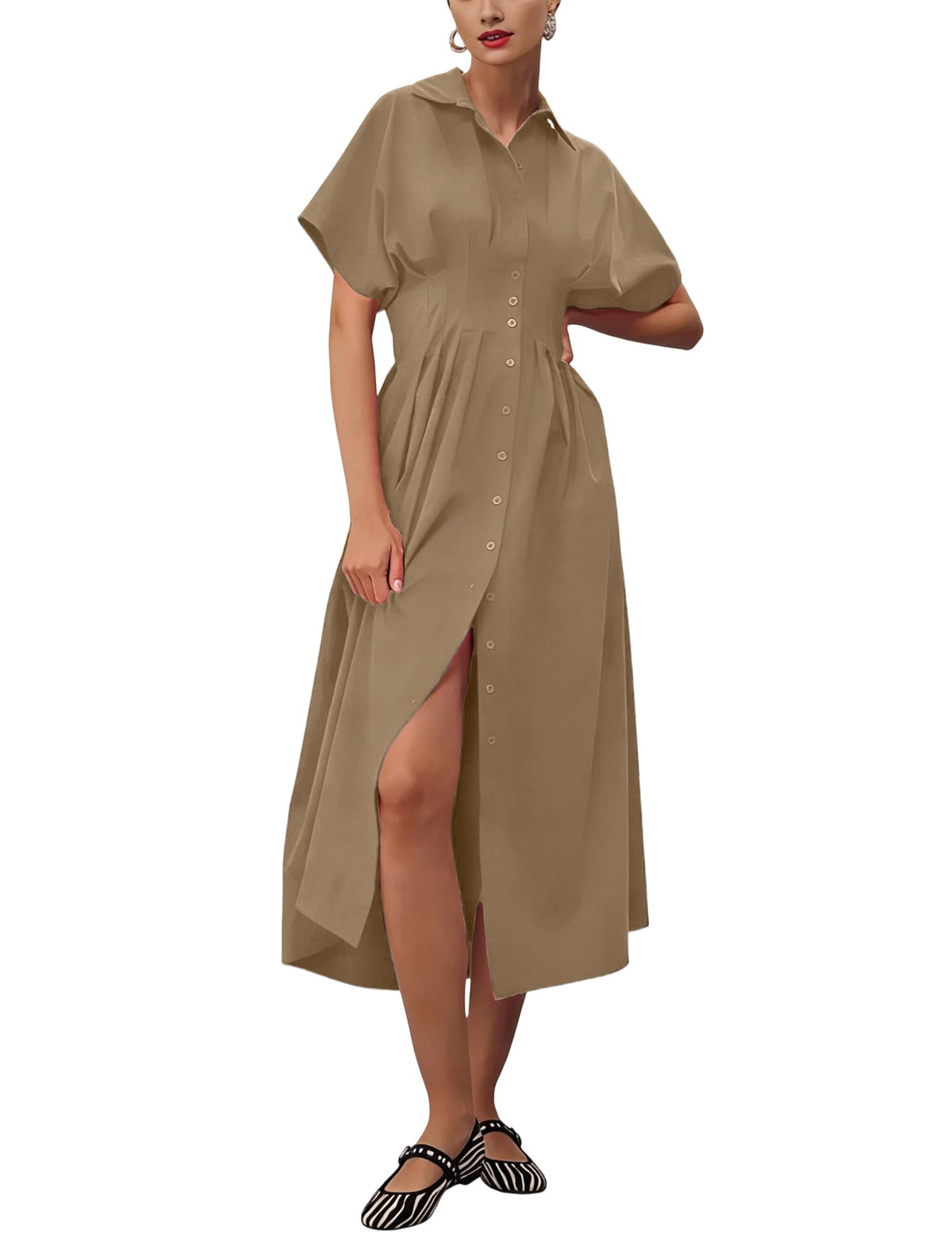 Yeokou Shirt Dress for Women Summer Casual Short Sleeve Button Down Loose Pleated Maxi Sundress with Pockets