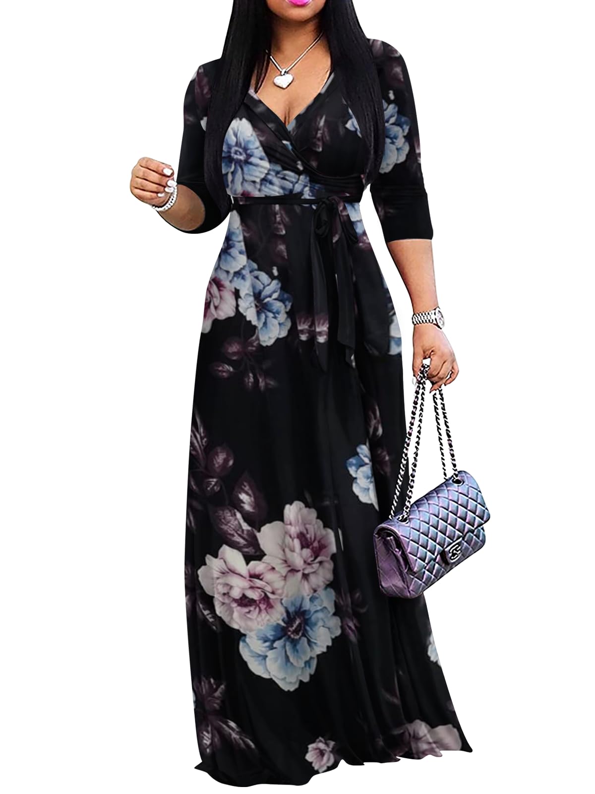 Yajedo Womens Casual Summer Maxi Dress Plus Size Sexy Wrap V Neck 3/4 Sleeve Sundress with Pockets