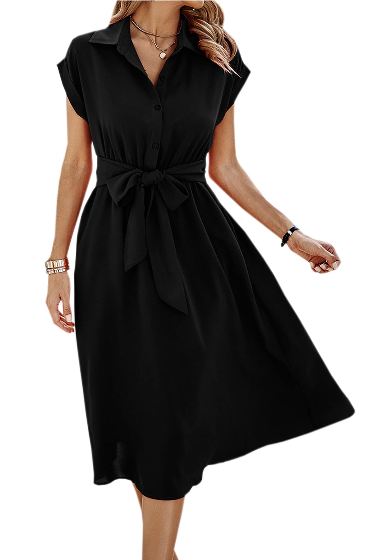 ECOWISH Womens Casual Midi Dresses Solid V Neck Short Sleeve Button Shirt Belted Dress with Pockets for Spring Summer 2026