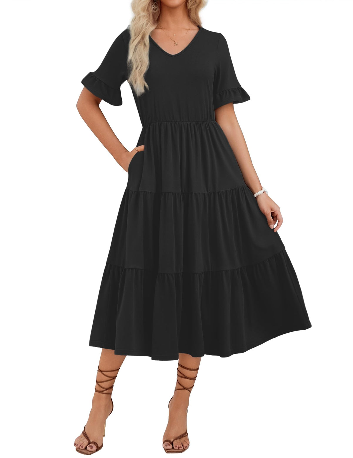 ZEAGOO Women's Summer Dresses Midi Tiered Casual Dress Floral V Neck Ruffle Short Sleeve Flowy Beach Dress with Pockets