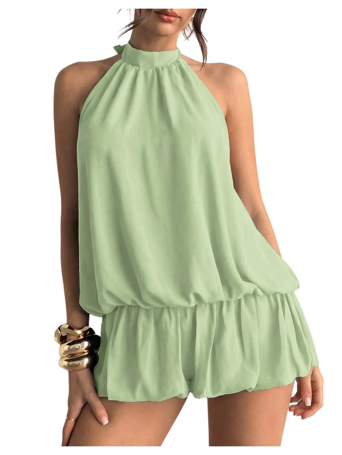 Floerns Women Backless Sleeveless Ruffle Bubble Hem Mesh Halter Mini Dress