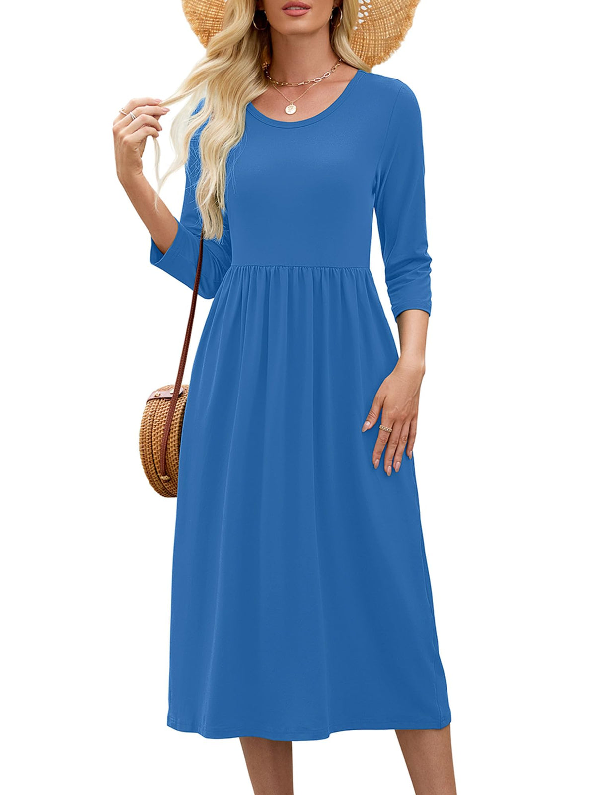 Heymoments Women's Casual 3/4 Sleeve Midi Dress with Pockets