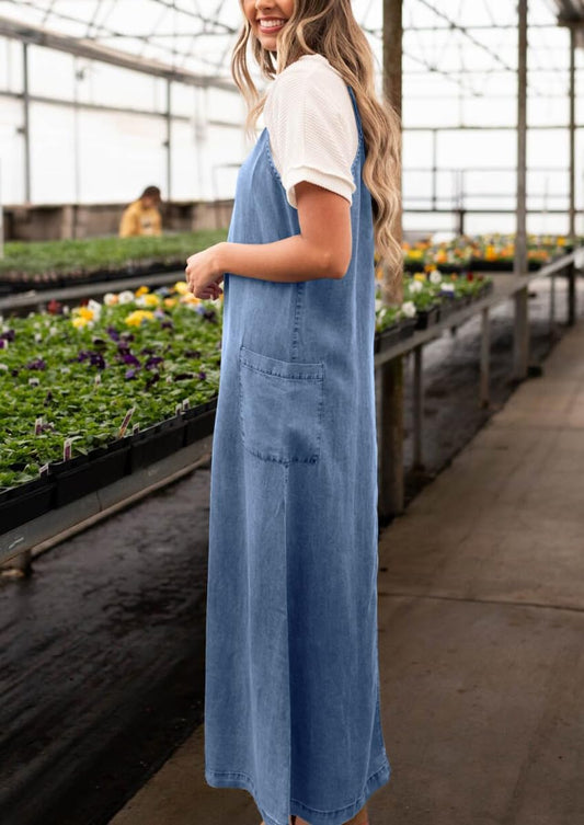 chouyatou Women's Summer Spaghetti Strap Denim Dress A-Line Overall Dress Flowy Swing Maxi Long Jean Dress