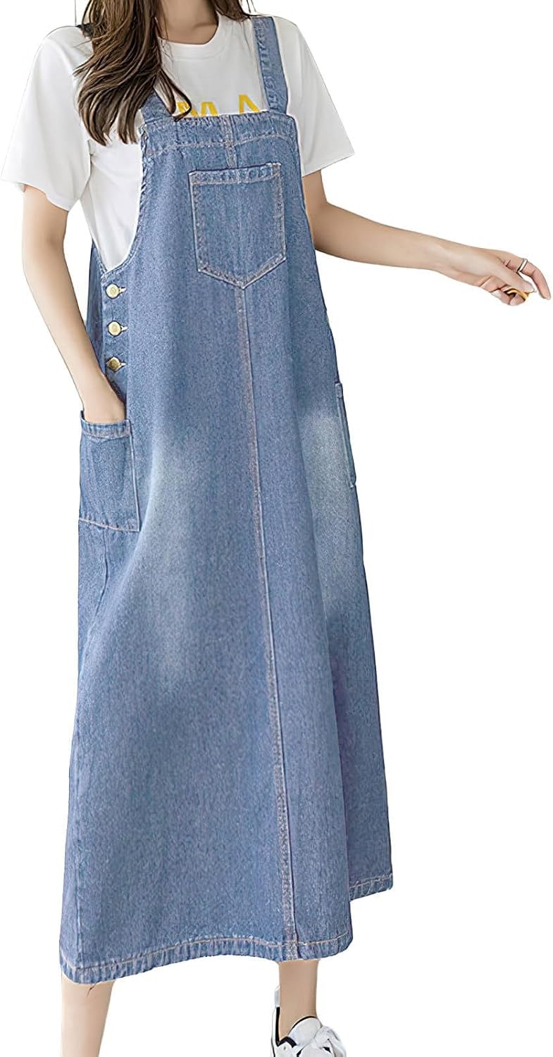 ebossy Women's Patchwork Denim Bib Overall Casual Button Jean Maxi Long Pinafore Dress With Pocket