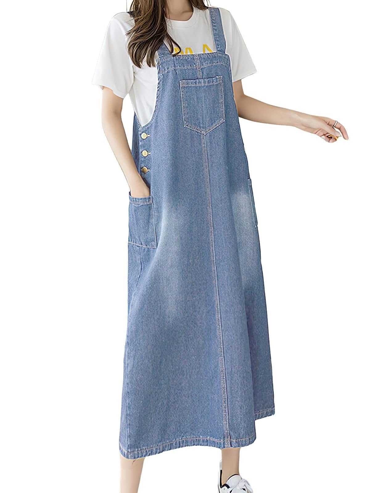 ebossy Women's Patchwork Denim Bib Overall Casual Button Jean Maxi Long Pinafore Dress With Pocket