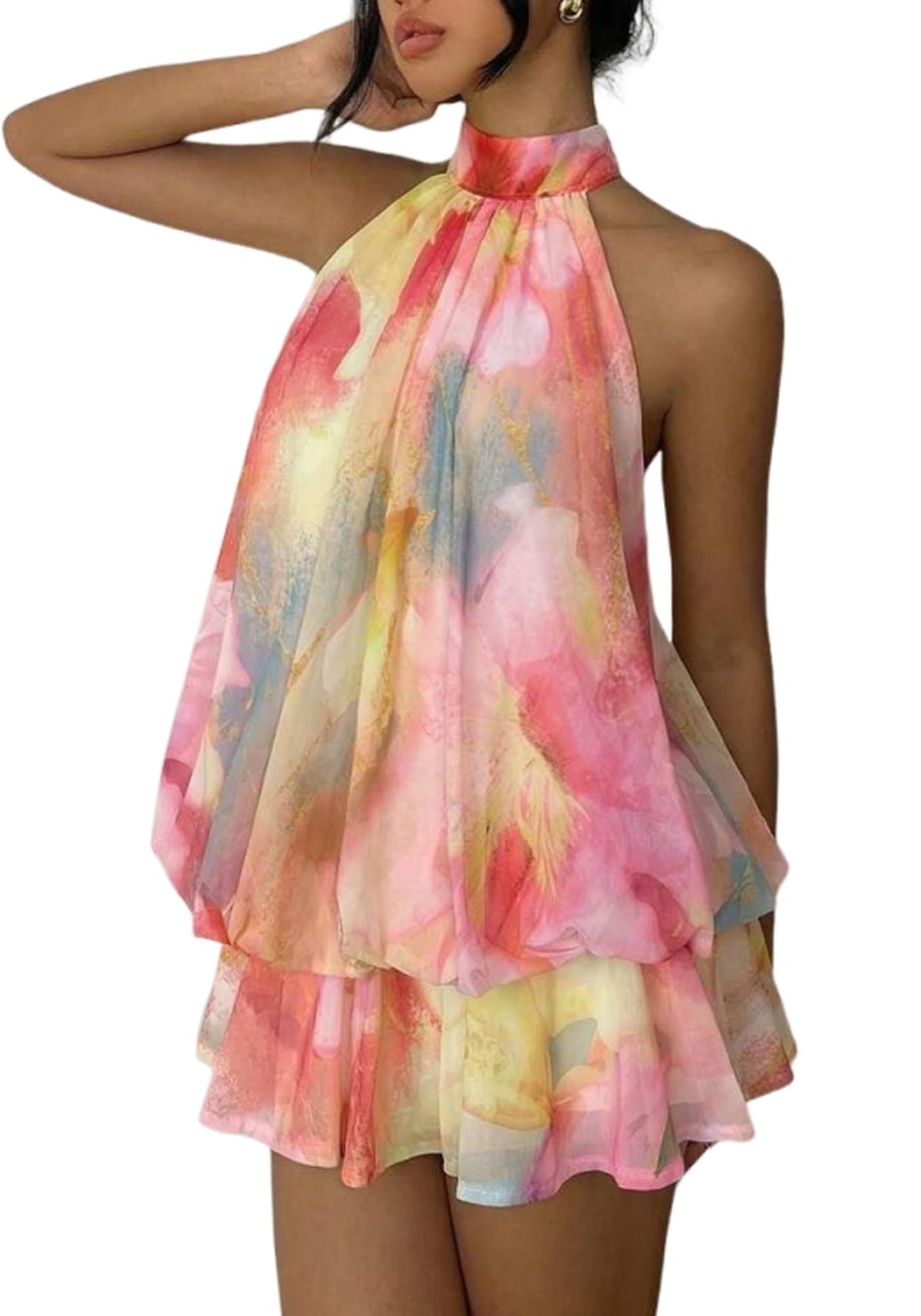 Women's Chiffon Halter Drop Waist Mini Dress Wedding Guest Dresses Ruffle Formal Holiday Club Brunch Outfits