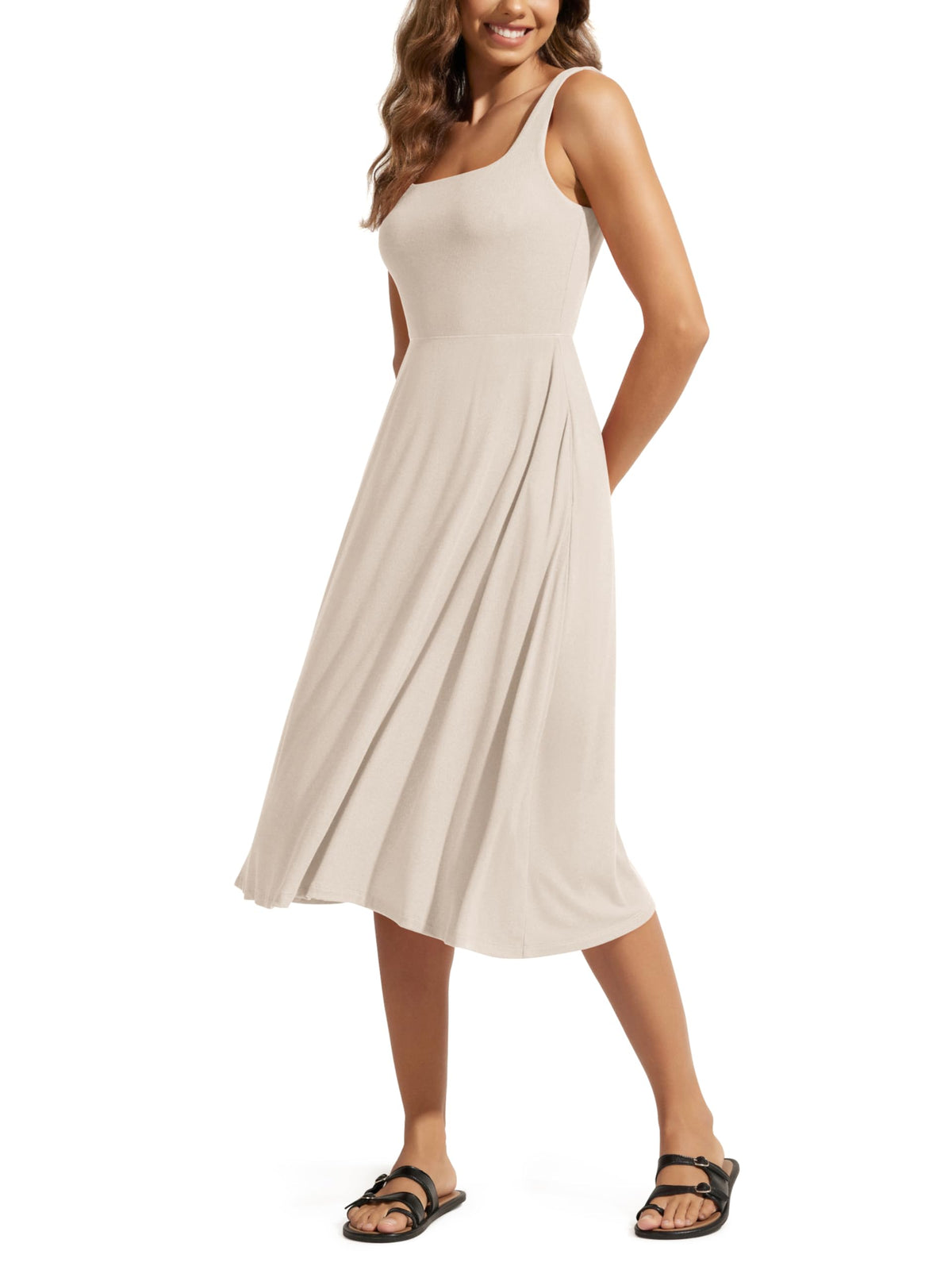 ODODOS Square Neck Midi Dress with Pockets for Women Summer Casual Sleeveless Sundress Flare Tank Dress