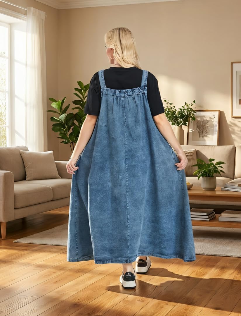 Denim Jumper Dress for Women Loose Version Baggy Style Maxi Length Adjustable Straps Wide Hemline