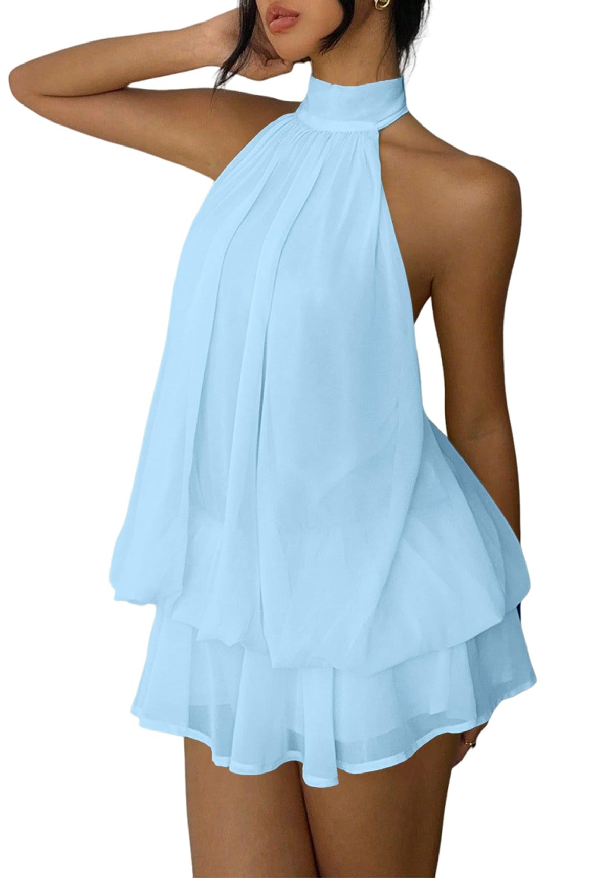 Women's Chiffon Halter Drop Waist Mini Dress Wedding Guest Dresses Ruffle Formal Holiday Club Brunch Outfits