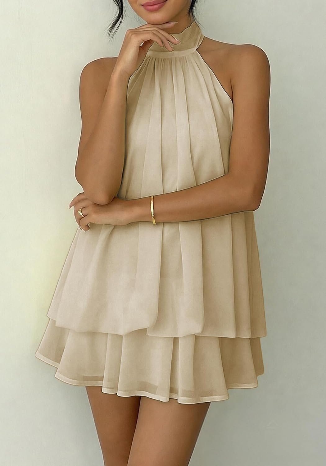 SHINFY Women's Chiffon Halter Flowy Ruffle Backless Birthday Mini Dress