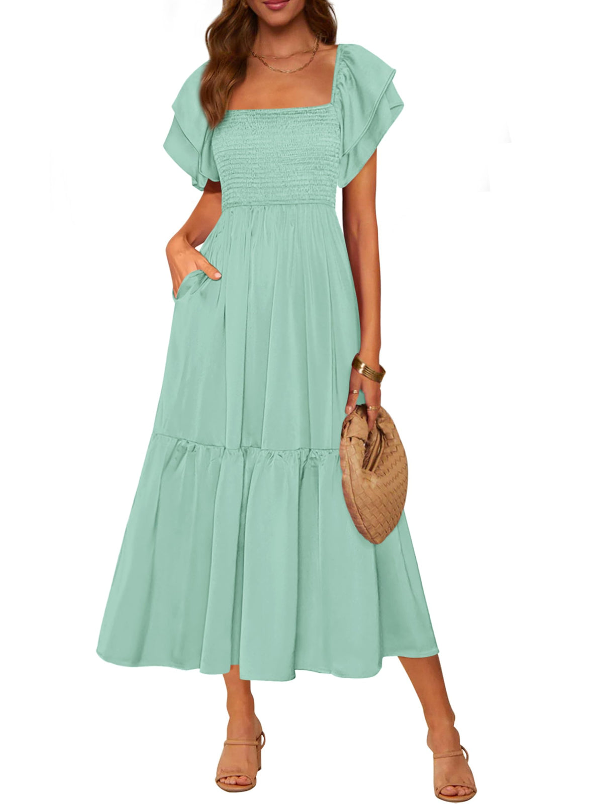 MASCOMODA Womens Summer Casual Smocked Flowy Midi Dress