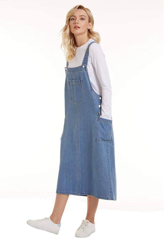 Spanye Women Denim Dress Baggy Overalls Jumpsuit Casual Bib A-Line Dress Rompers With Pockets