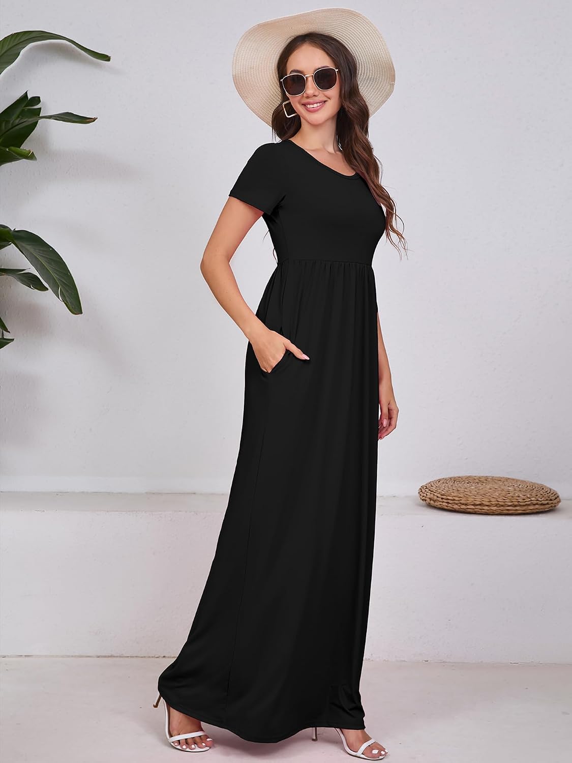 DEARCASE Maxi Dress for Women Short Sleeve Casual Summer Loose Plain Comfy Long Dresses with Pockets