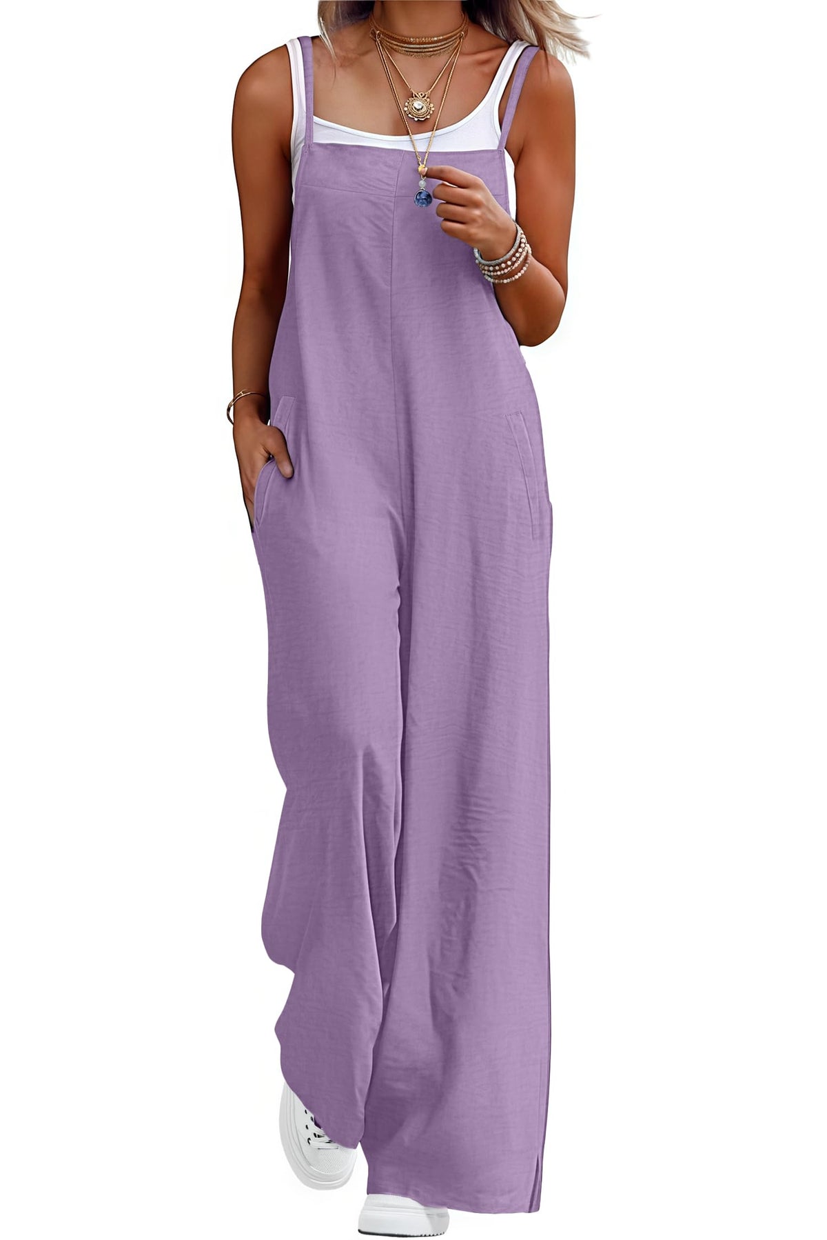 Lepunuo Womens Casual Loose Jumpsuits Summer Boho Wide Leg Rompers Sleeveless Overalls with Pockets