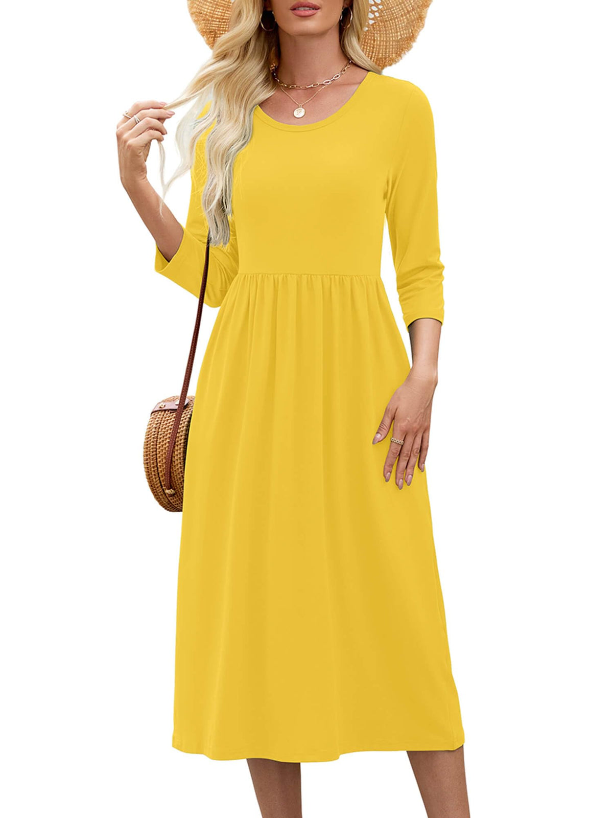 Heymoments Women's Casual 3/4 Sleeve Midi Dress with Pockets