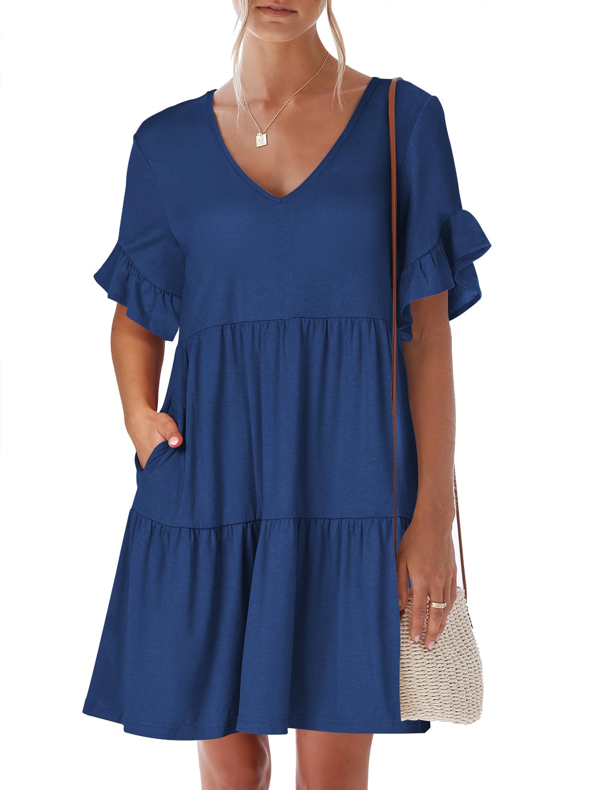 ANRABESS Dresses for Women Summer 2026 V Neck Ruffle Sleeve A Line Tiered Flowy Casual Trendy Mini Beach Dress with Pockets