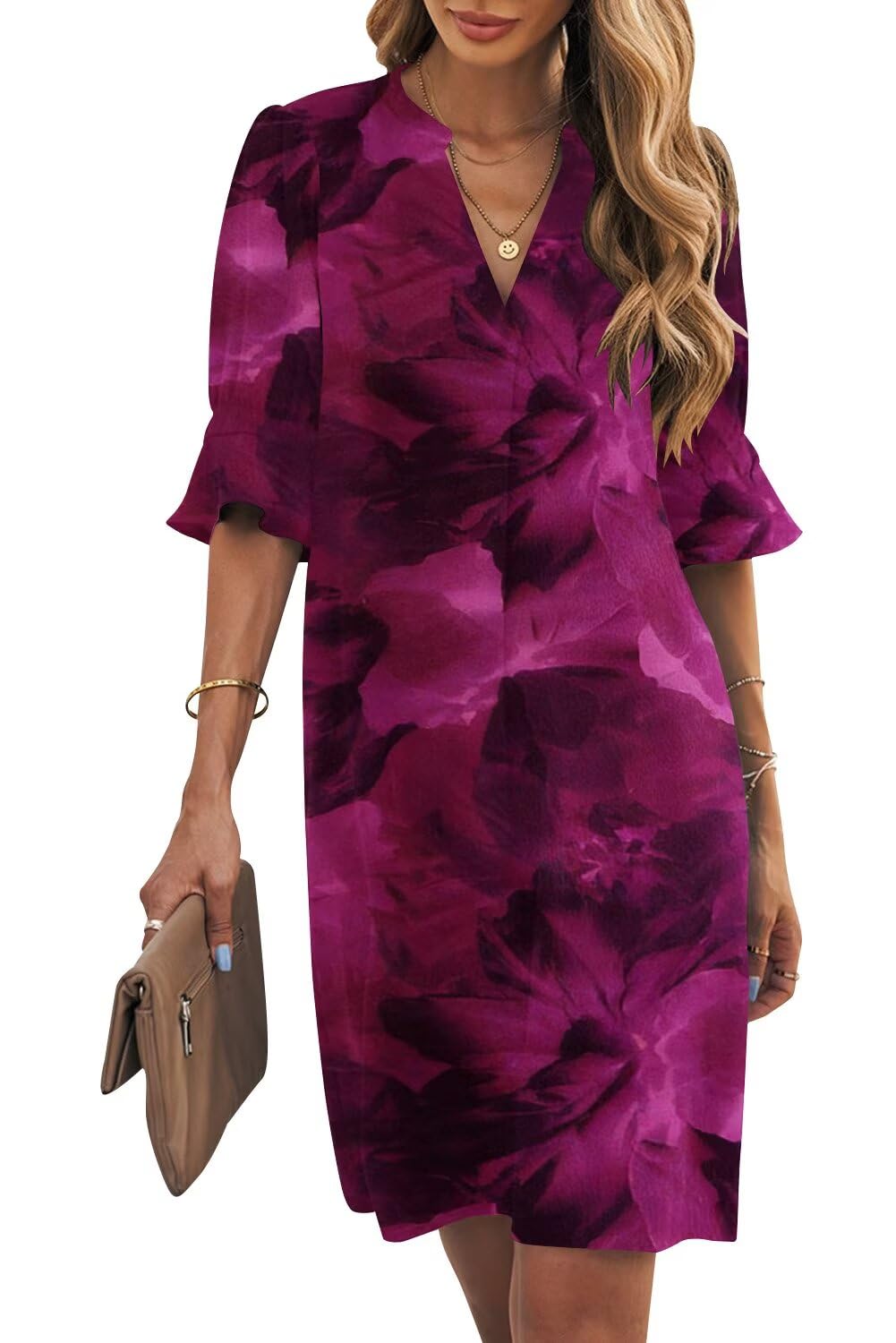 Wkior Womens Summer Ruffle Short Sleeve V Neck Shift Dress