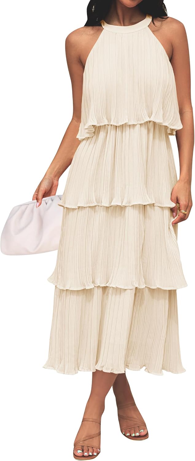 ZESICA Womens Summer Halter Ruffle Wedding Guest Midi Dresses