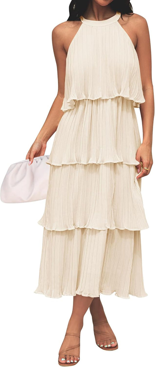 ZESICA Womens Summer Halter Ruffle Wedding Guest Midi Dresses
