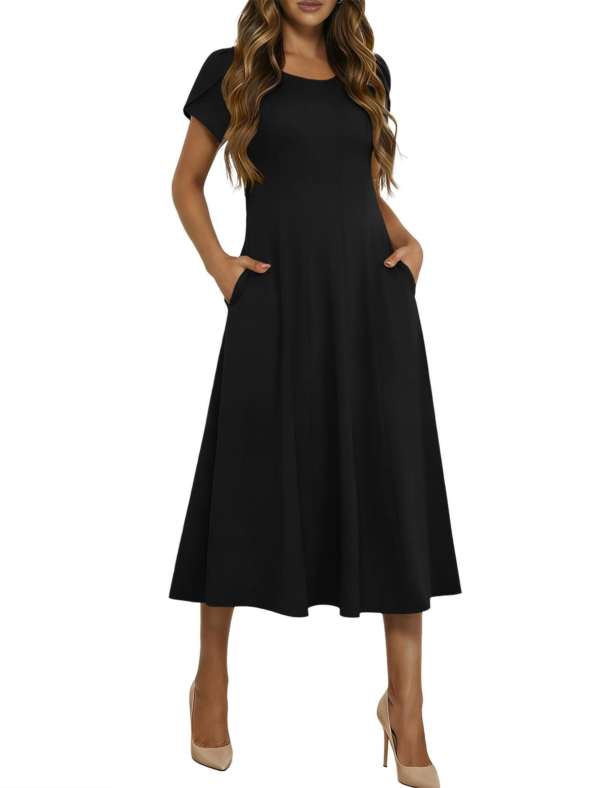 HOTOUCH Summer Dresses for Women 2026 Casual Midi Dress Petal Short Sleeve A Line Dress Pleated Flare Sundress