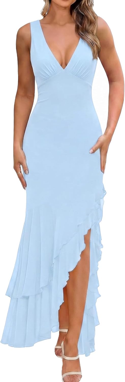 BORIFLORS Women's Elegant Mermaid Ruffle Cocktail Maxi Dress