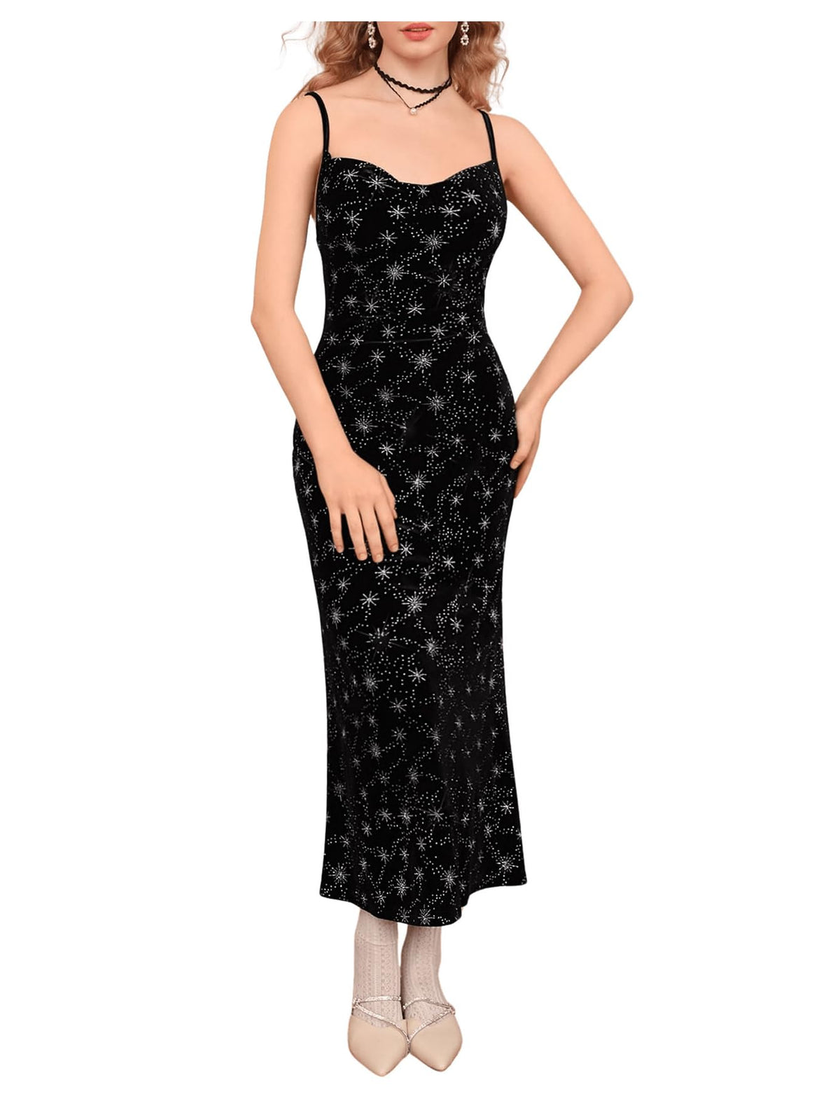 Floerns Women's Spaghetti Strap Cowl Neck Long Slip Satin Silk Midi Dress