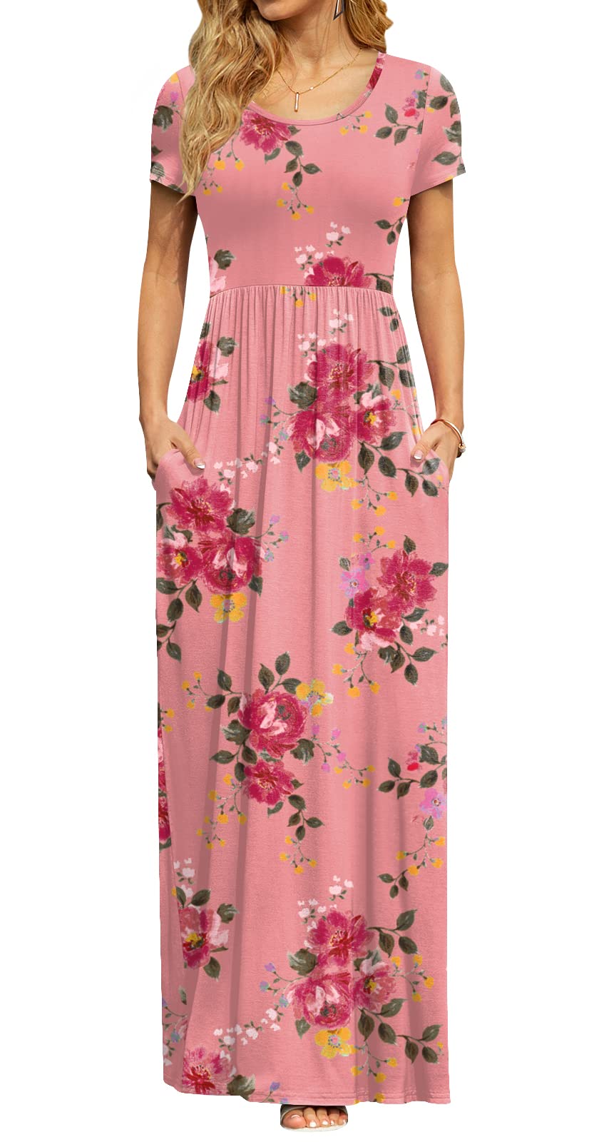 DB MOON Women's Summer Maxi Dress Casual Short Sleeve Empire Waist Pockets
