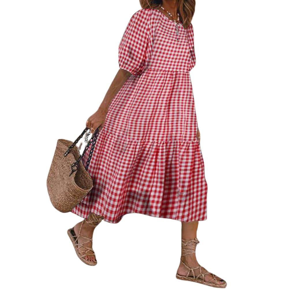 chouyatou Women's Retro Lantern Puff Sleeve Plaid Dress Gingham Swing Tiered Midi Long Dress