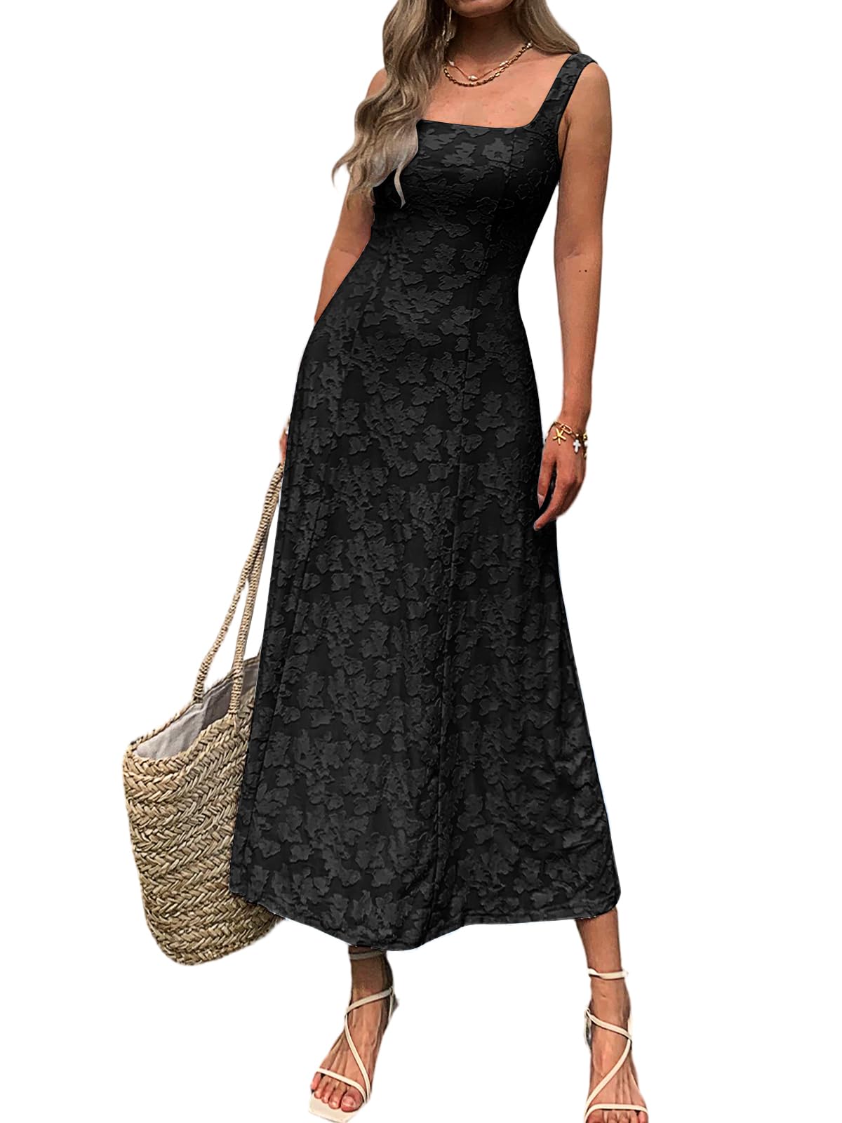 Mieazom Women’s Floral Maxi Dress Square Neck Sleeveless A Line Summer Dress Elegant Fitted Bodice Flowy Long Sundress