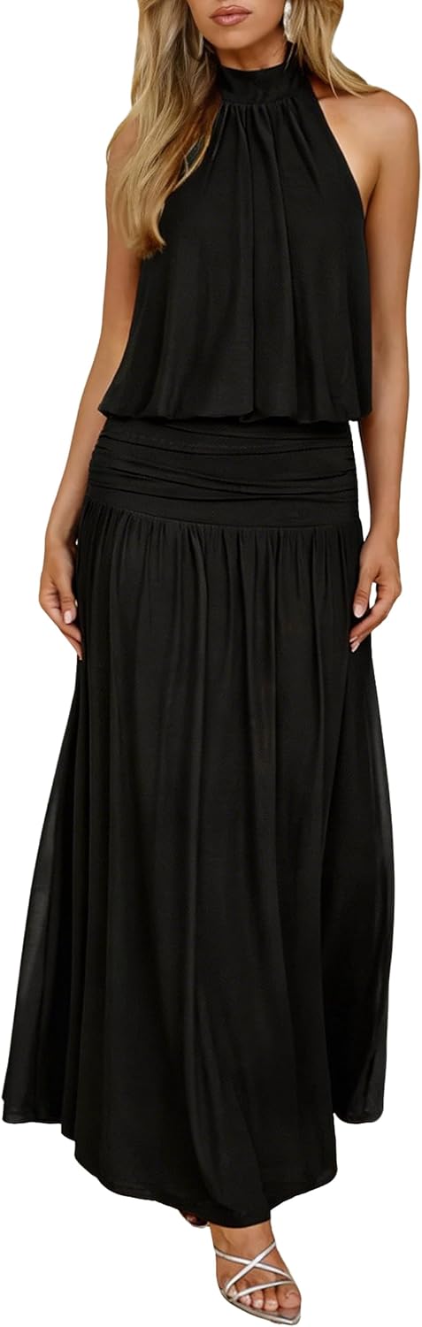 OYS Women's Elegant Sleeveless Halter Neck Ruched Cocktail Long Dress