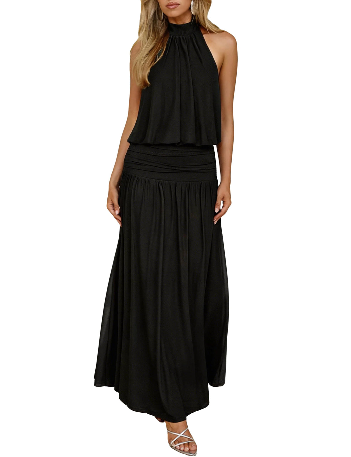 OYS Women's Elegant Sleeveless Halter Neck Ruched Cocktail Long Dress