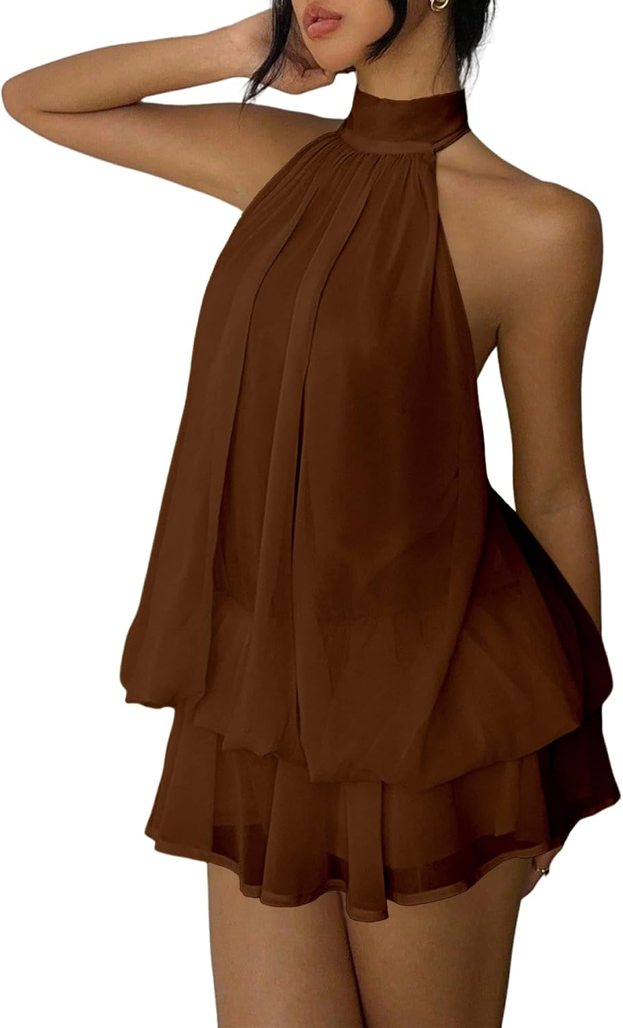 Women's Chiffon Halter Drop Waist Mini Dress Wedding Guest Dresses Ruffle Formal Holiday Club Brunch Outfits