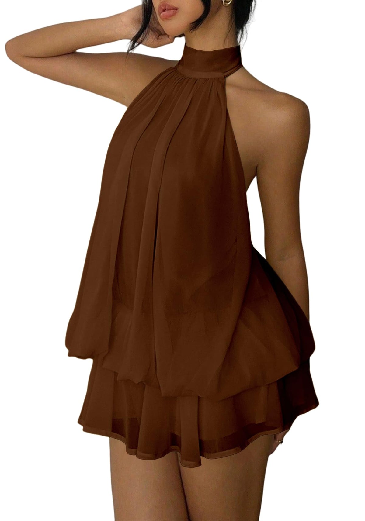 Women's Chiffon Halter Drop Waist Mini Dress Wedding Guest Dresses Ruffle Formal Holiday Club Brunch Outfits