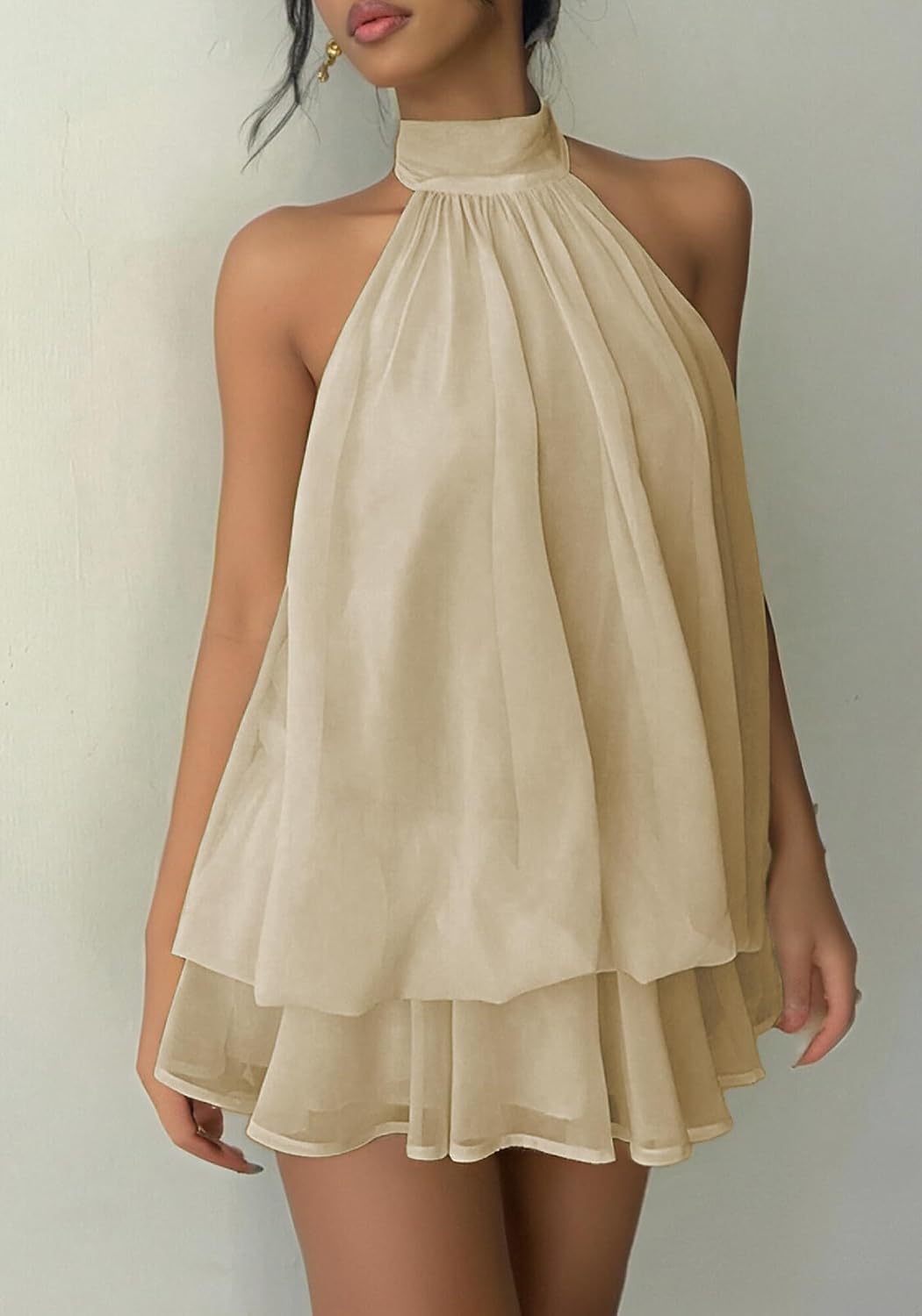 SHINFY Women's Chiffon Halter Flowy Ruffle Backless Birthday Mini Dress