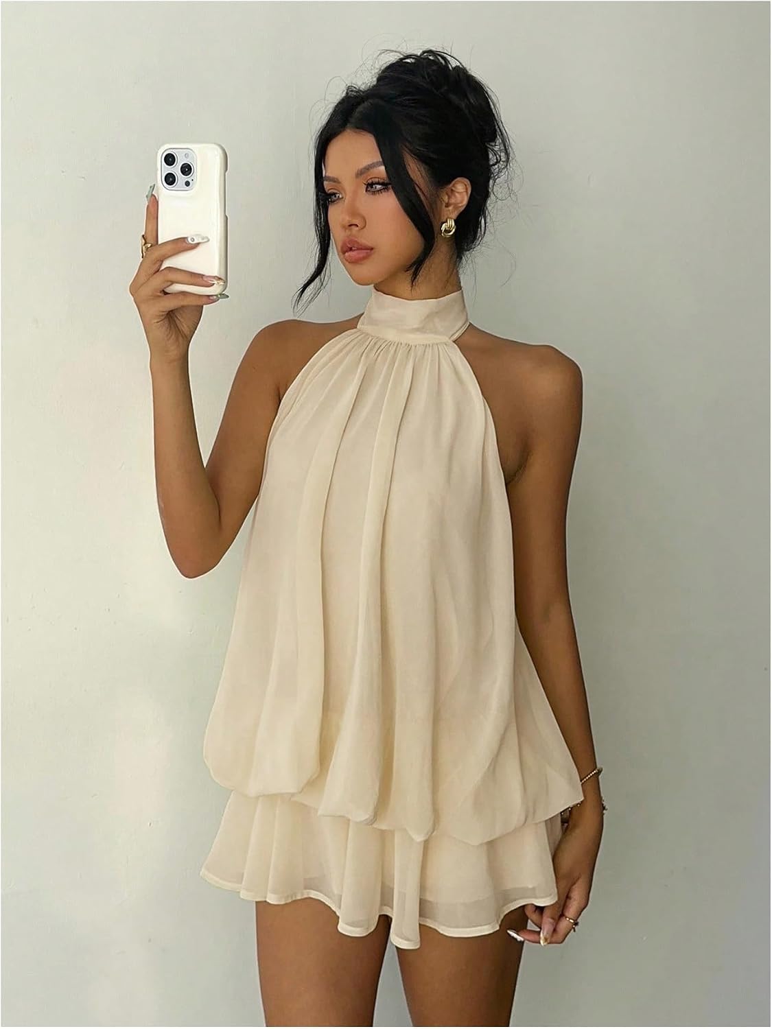 Verdusa Women's Chiffon Halter Drop Waist Flowy Wedding Guest Mini Dresses