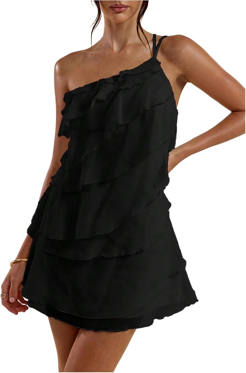 SOLY HUX Women's One Shoulder Ruffle Mini Dress