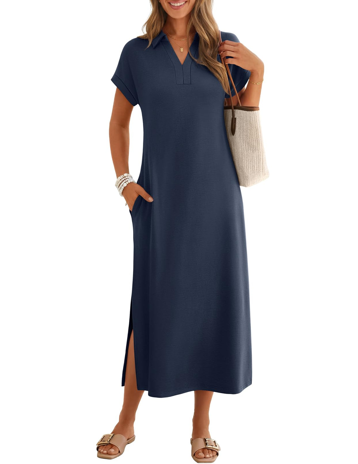 MEROKEETY Women's Summer Casual V Neck Collared T Shirt Long Maxi Dress