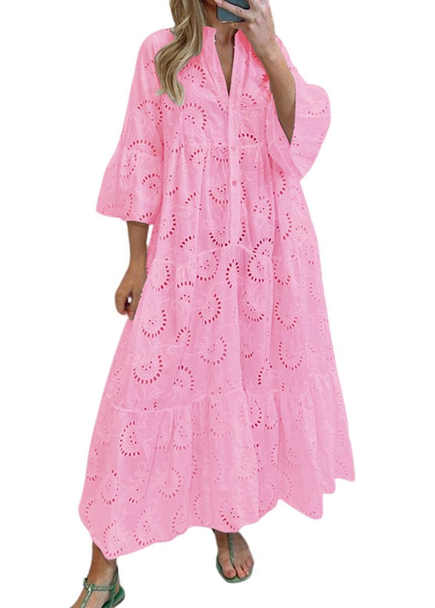 chouyatou Women's 2026 Lace Eyelet Embroidery Maxi Dress V-Neck Trumpet Sleeve Boho Flowy Swing Dress