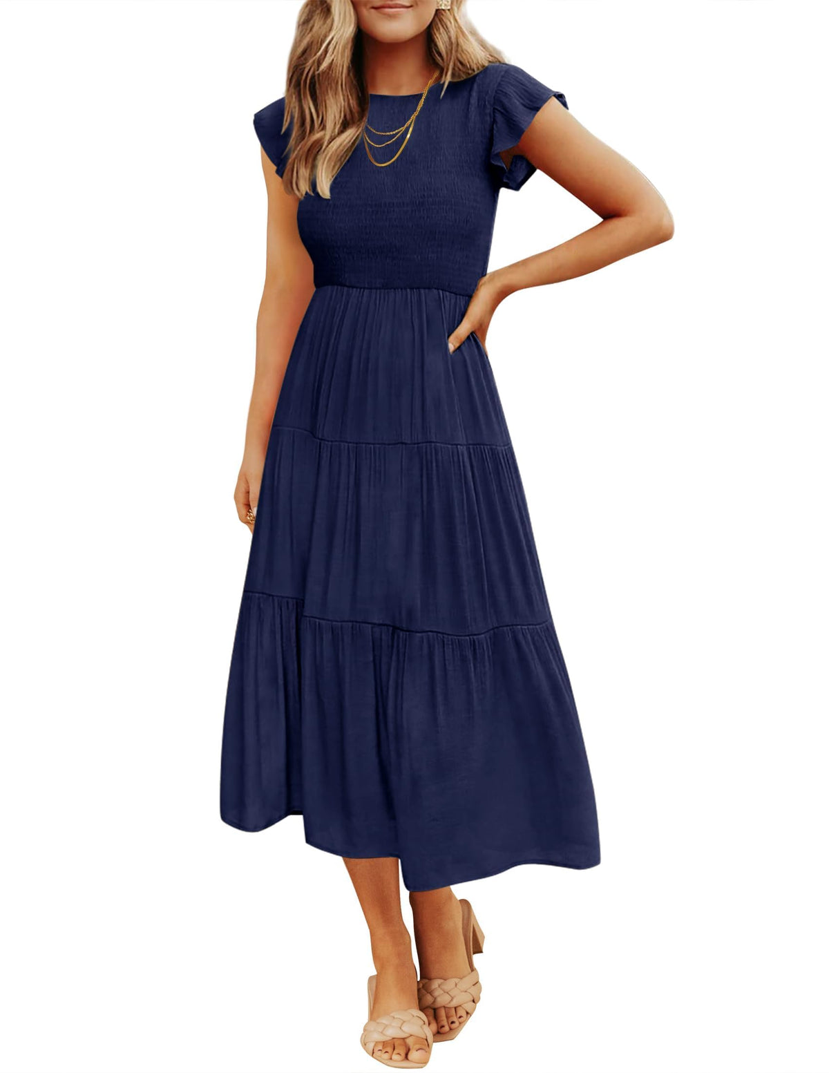 ZESICA Women's 2026 Summer Casual Flutter Short Sleeve Smocked Midi Dress