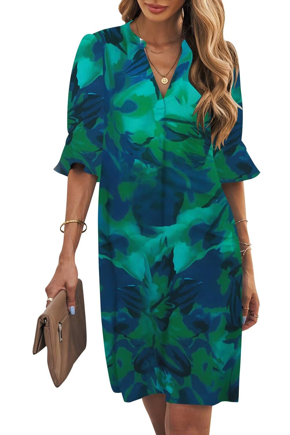 Wkior Womens Summer Ruffle Short Sleeve V Neck Shift Dress
