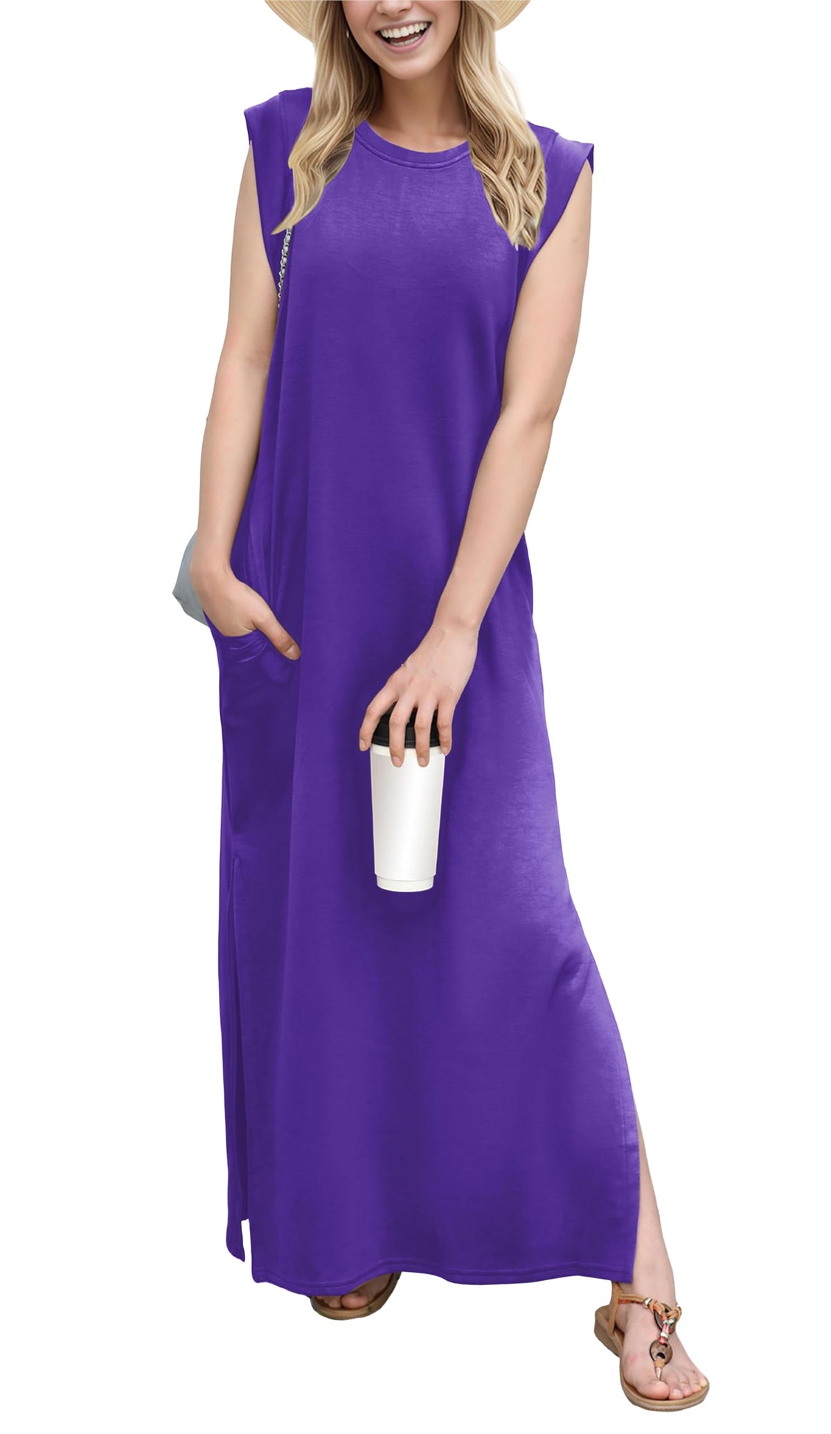 GRECERELLE 2026 Women Year-Round Casual Round Neck Loose Split Wrinkle-Free Long Maxi Vacation Dress with Pockets (XXS-4XL)